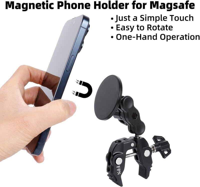 FPN All-Metal Magnetic Phone Holder for Magsafe, Magnet Phone Mount with Super Clamp for Spin Bike/Microphone Stand/Cart/Railing/Handlebar/Dia 0.4-2" Rod, Compatible with iPhone 16 15 14 13 12 Series - Image 4